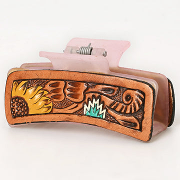 American Darling Floral Long Hair Claw Hand Tooled Carved Genuine Leather Brown Clips Clutcher Gift For Women Girls